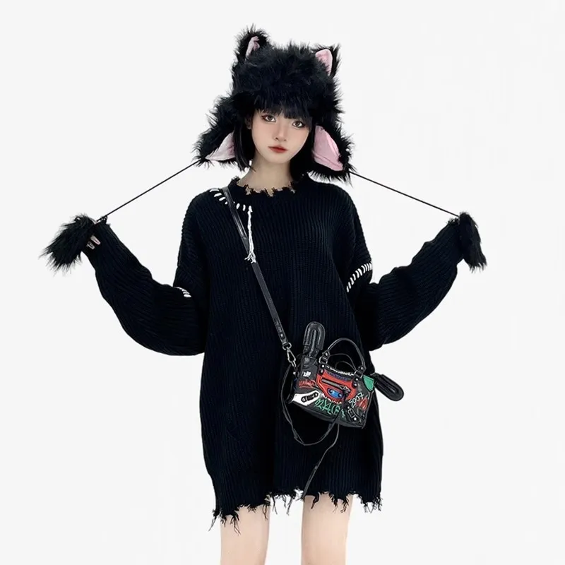 Fashion Niche Lazy Loose Irregular Tassels Black Ripped Sweater Women Jumpers Vintage Casual O Neck Long Sleeve Hole Knit Top