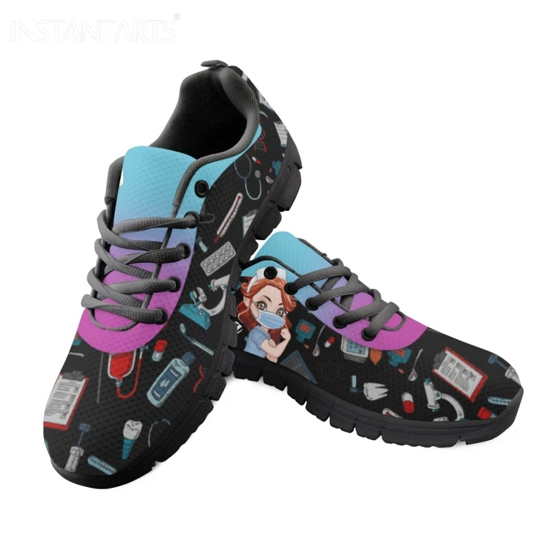 INSTANTARTS New Style Women Lace up Sneakers Casual Nursing Flat Shoes Breathable Soft Medical Print Running Shoes for Femme