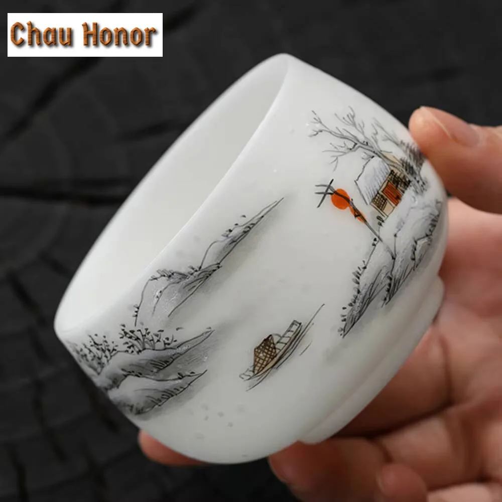 160ml Ice Seed White Jade Mud Porcelain Teacup Hand Drawn Landscape Master Cup Chinese Jianzhan Personal Tea Bowl Kung Fu Teaset