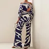 Women Print Satin Outfit Lantern Sleeve Off Shoulder Long Sleeve Blouse Office Lady 2 Piece Sets New Casual Wide Leg Pants Suits