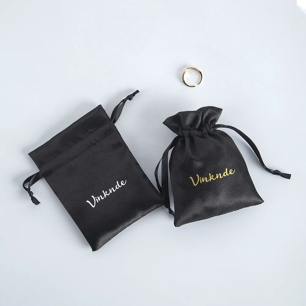 Satin Silk Jewelry Pouches Custom Logo Size Black Drawstring Earrings Bracelet Packaging Organizer Gift Bag for Wedding Bulk 100