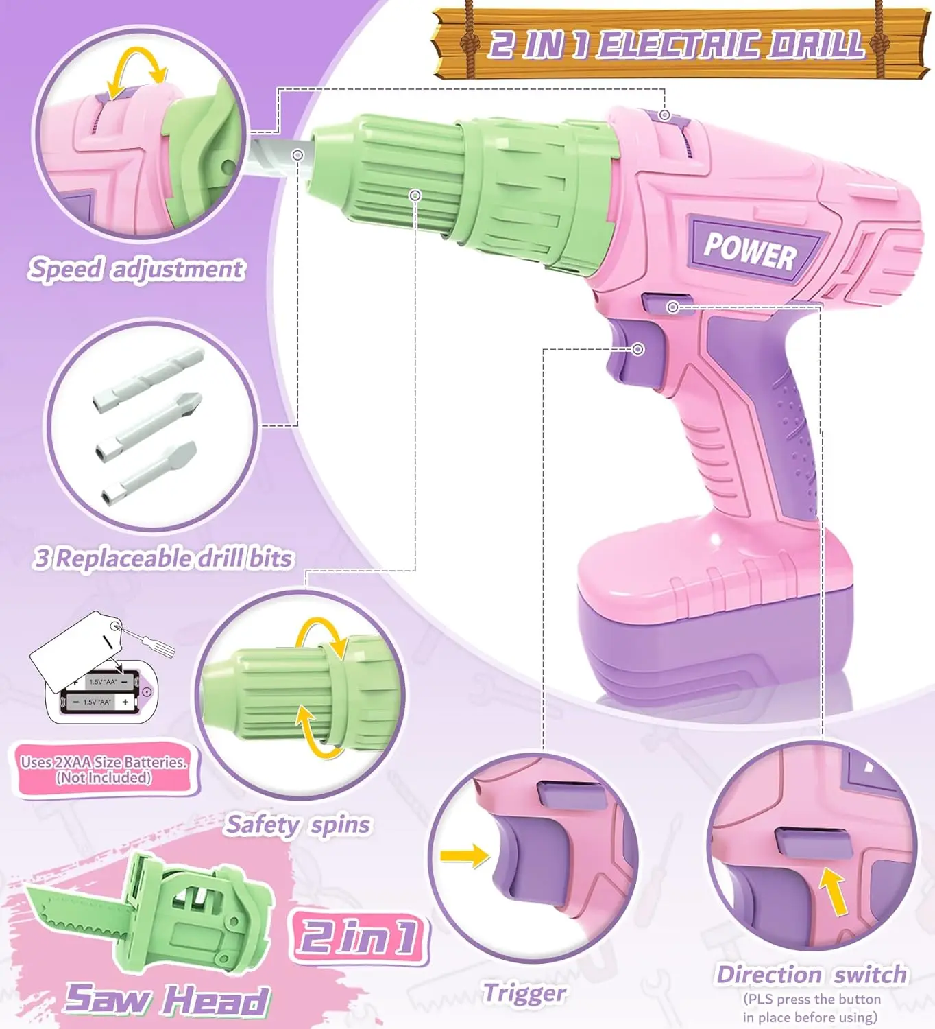 Children's Tool Set with Electric Toy Drill Kids Power Construction Toy Pretend Play Tools Kit for Toddler Boys Girls Child