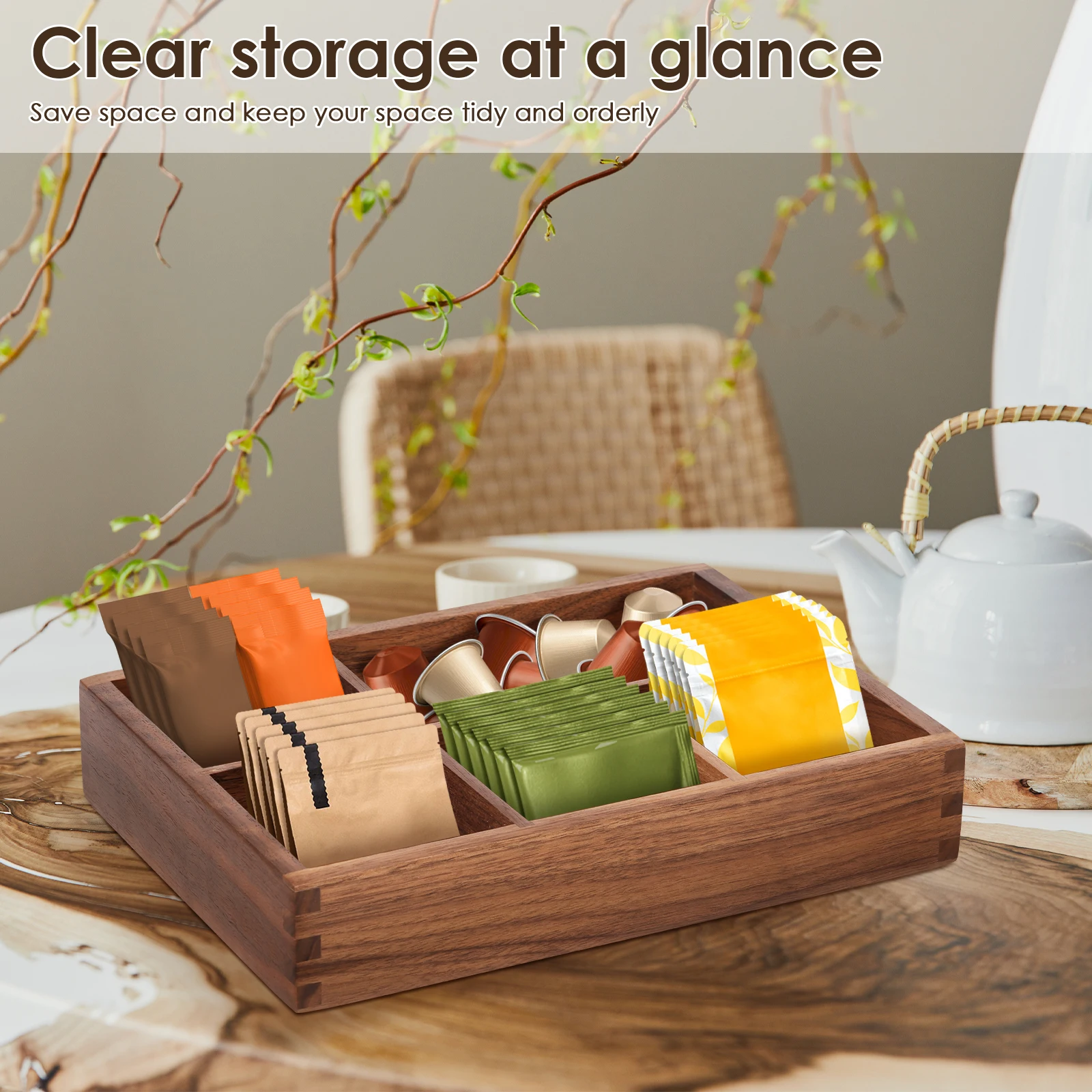 Wood Tea Bag Storage Tray Desktop Organiser with 5 Compartment Multipurpose Sugar Packet Storage Tray for Home Kitchen Office