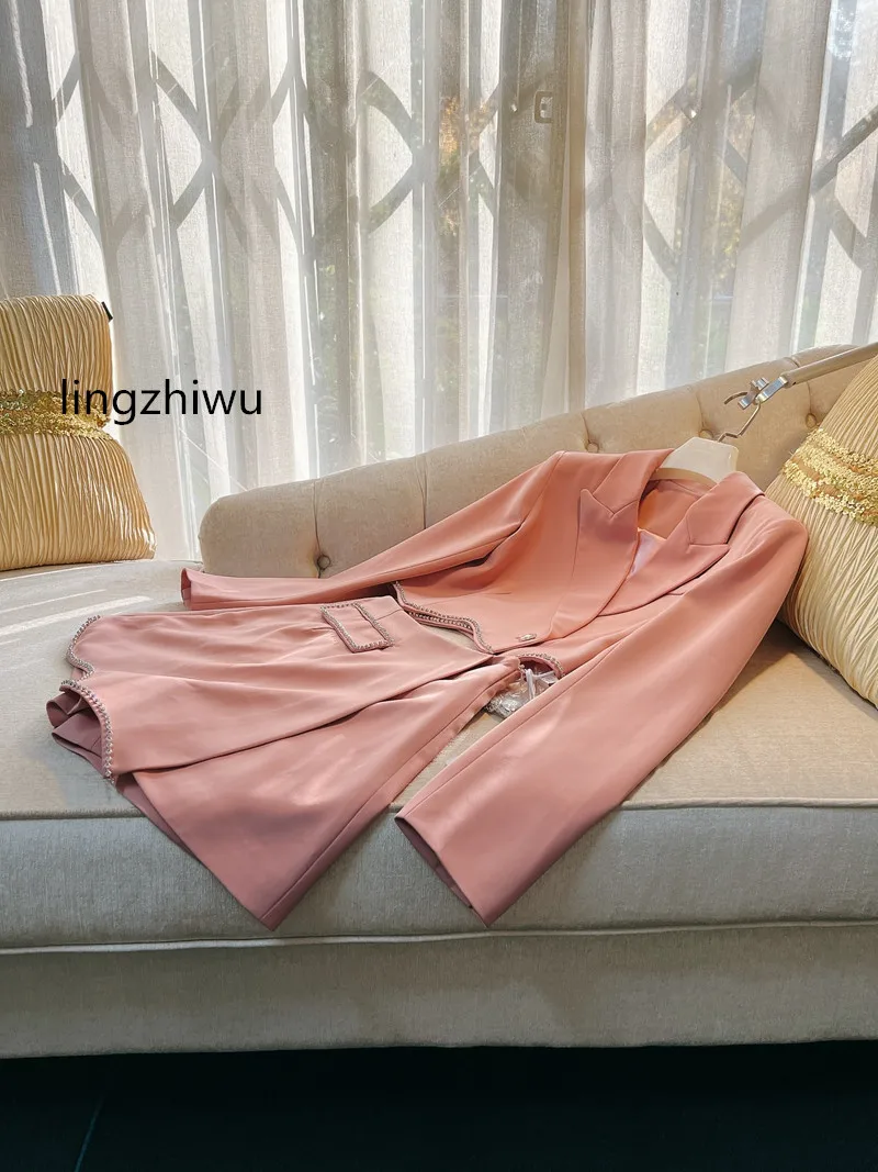

lingzhiwu Pink Skirt Set French Ladies Elegant Top Quality Blazer Skirts Suit Outerwear Skirts Twinset Streetwear New Arrive