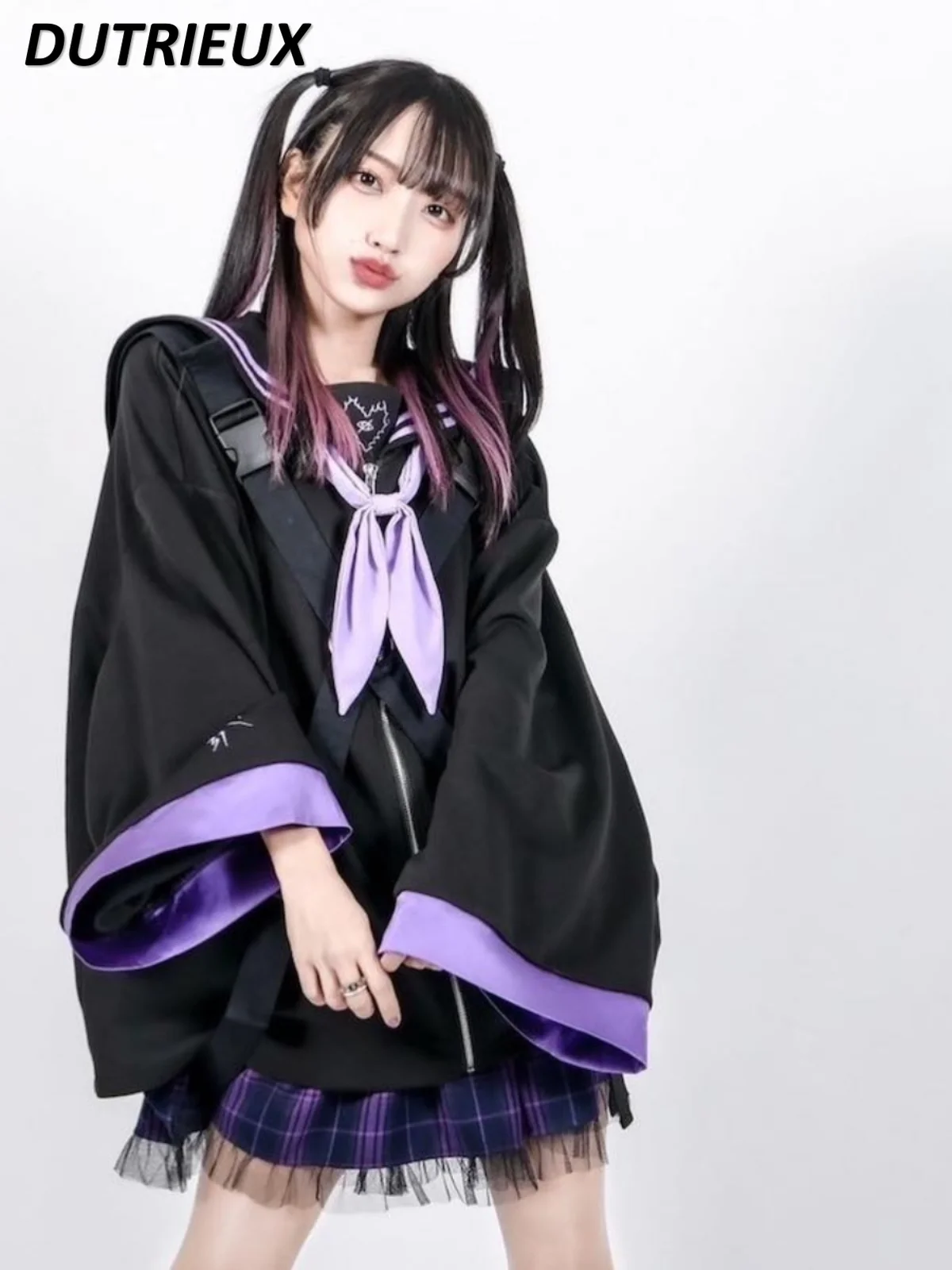

Japanese Harajuku Style Personalized Embroidery Sailor Collar Coat Loose Sleeves Color Matching Lace Up Long Sleeve Short Jacket