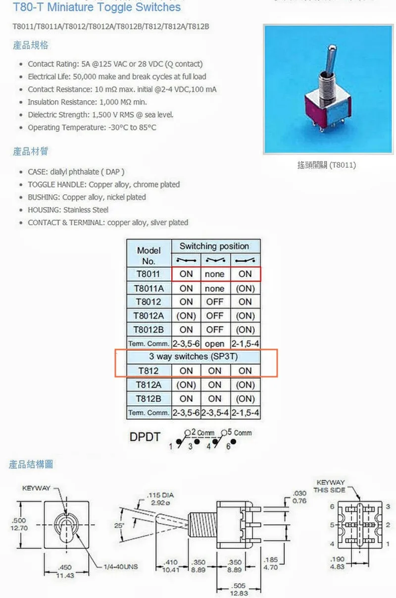 Description Picture 2 of item2pcs T812 Toggle Switch Locking T80-T ON ON ON 3A/250V 5A/125V 6mm 12mm 6Pins SP3T 3 Way Switches
