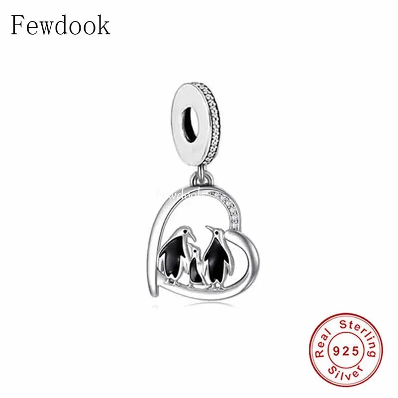 Fit Original Charm Bracelet 925 Sterling Silver Penguin Mum Dad and Baby Heart Dangle Bead For Making Women Family Berloque New 2