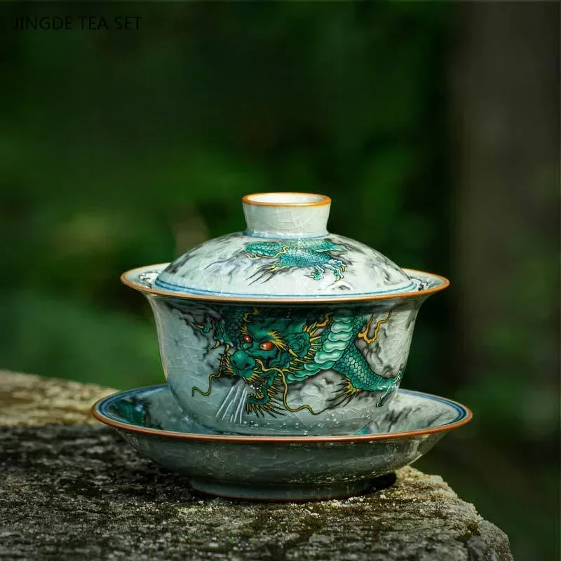 1PCS ceramic gaiwan tea bowl Chinese retro handmade drawing twelve zodiac animals dragon made teacup high-end tea set gift