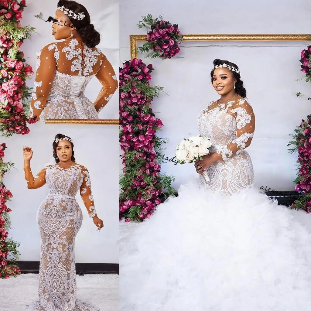 

Plus Size Arabic Mermaid Wedding Dresses With Detachable Train Long Sleeves Lace-Up Corset Beaded African Bridal Gowns Sweep