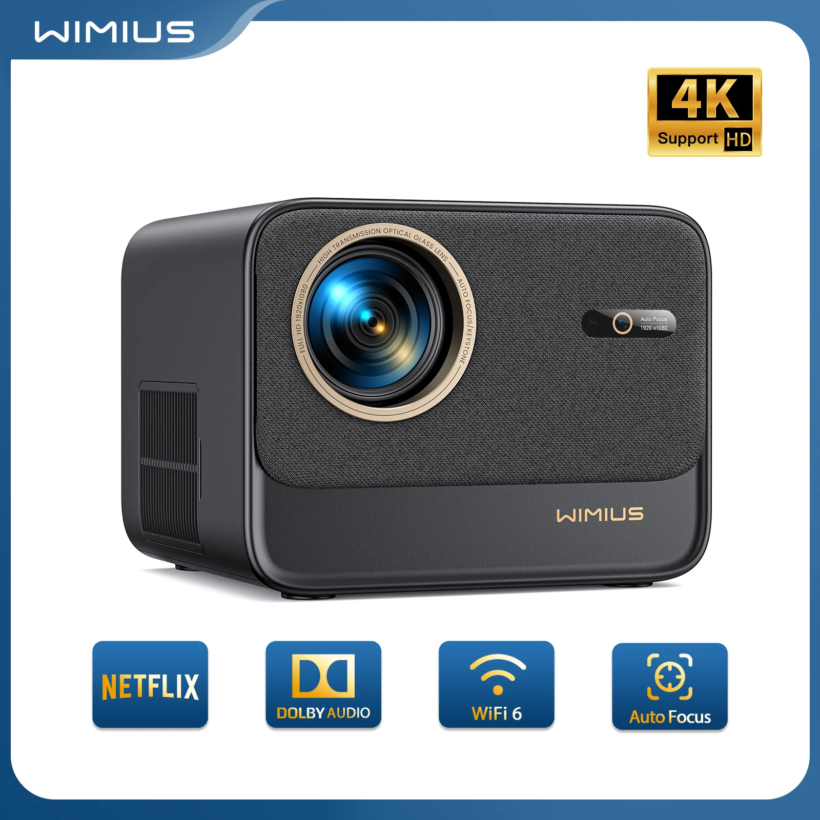 Wimius K9 Projector 4K Ondersteund 700Ansi Auto Focus/Keystone Full Hd 1080P Native Wifi 6 Bluetooth Support Dolby Home Theater
