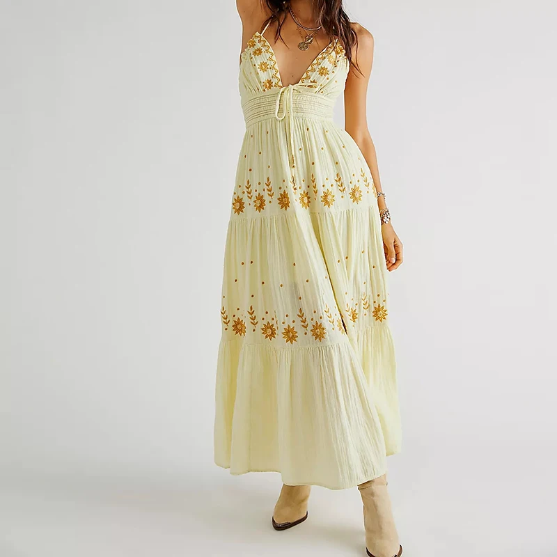 

Holiday Bohemian Indie Embroidery Maxi Dress Beach Style Women V Neck Backless Halter Long Dress Summer Club Party Vestidos
