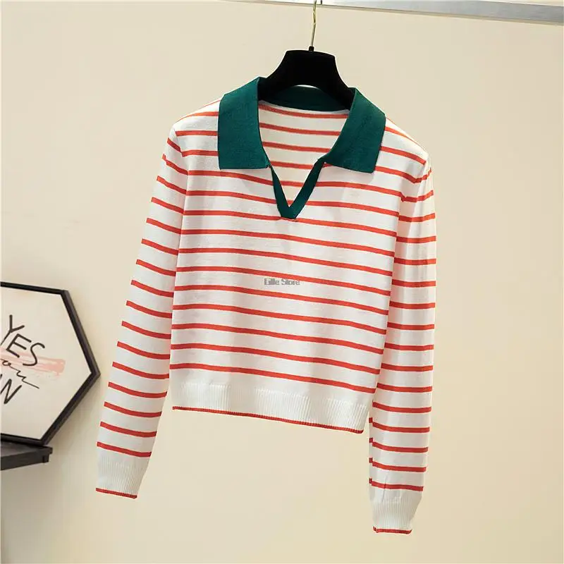 Striped V-neck Pullover Polo Sweater Women Spring Autumn All-match Tops Long-sleeved Knitted Bottoming Sweaters Jumpers cropped sweater