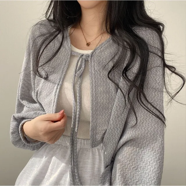Cardigan de malha branco com decote em V e manga lanterna