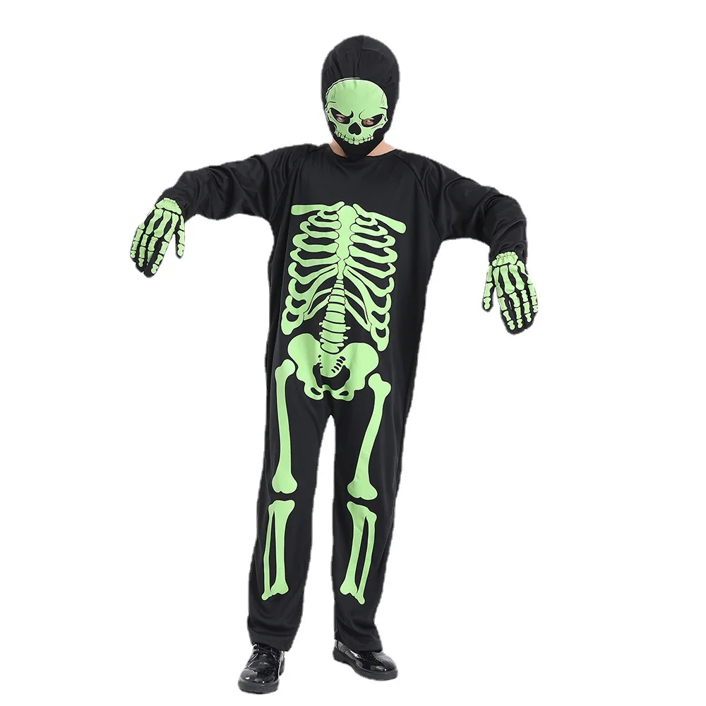 

Glow in the Dark Skeleton Jumpsuit Halloween Costume for Children Kids Boy Dress Up Headwear Gloves Ghost Cosplay Party Outfit