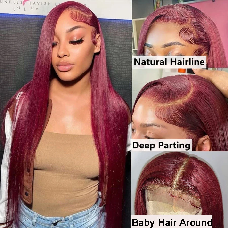 250 Density 99J Burgundy 13x6 Lace Frontal Human Hair Wigs Brazilian Colored 30 40 Inch Straight Red Lace Front Wigs Human Hair 3
