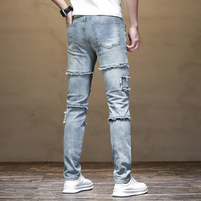 2024New Retro Distressed Ripped Jeans Men's Patch Stretch Slim Fit Stitching Straight Nostalgic High Street Motorcycle Pants