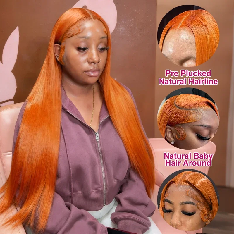 32 36 Inches Straight Ginger Orange Lace Front Human Hair Wig 13x4 13x6 HD Lace Frontal Colored Wigs Preplucked For Women
