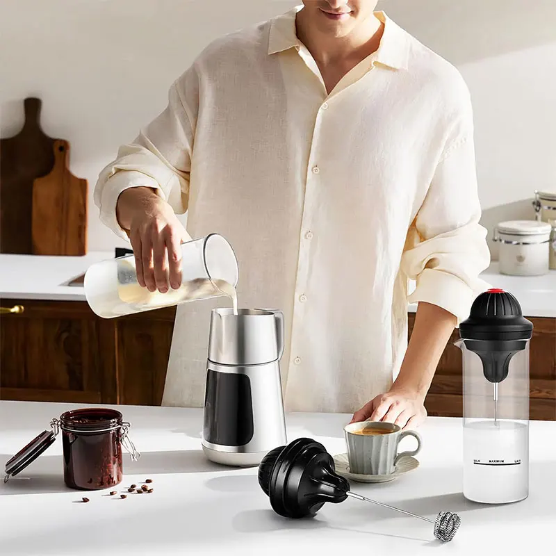 Batedor de leite elétrico portátil, batedor de café a pilhas, fabricante de espuma, misturador de bebidas com jarro de vidro de 500ml, ferramentas batedor de ovos 3