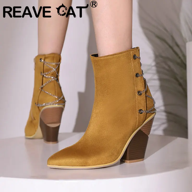 

SIMLOVEYO Women Ankle Boots Flock Pointed Toe Wedges High Heel 9.5cm Zipper Chain Big Size 46 47 48 Mature Dating Female Booties