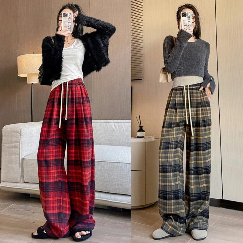 Korean Fashion Red Plaid Pants Women Y2K Vintage Oversize Wide Leg  Checkered Trousers American Retro Harajuku Jogging Sweatpants - AliExpress