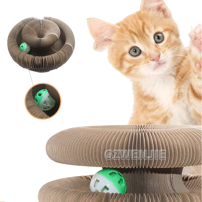 

Magic Organ Foldable Cat Scratch Board Toy with Bell Cat Grinding Claw Cat Climbing Frame Round Corrugated Cats Interactive Toys