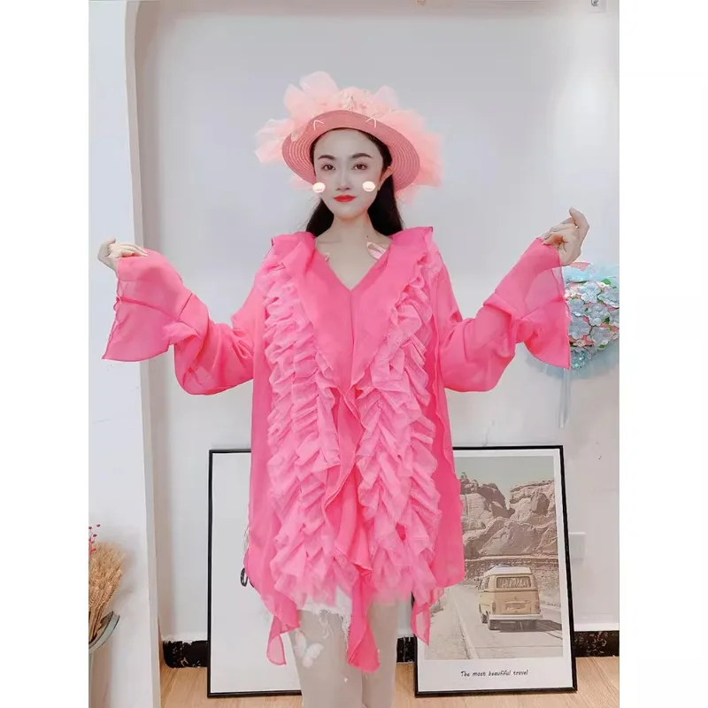 Super Fairy Shirt Women's Spring Summer New Mesh Ruffled Stitching Loose Western Style Slimming Blouse Thin Type Sunscreen Top