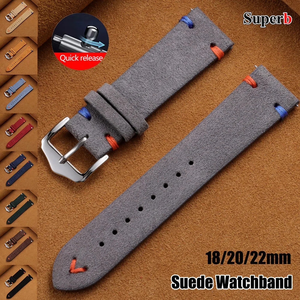 Premium Suede Leather Vintage Blue Watch Strap - Sporty and Stylish Replacement Band