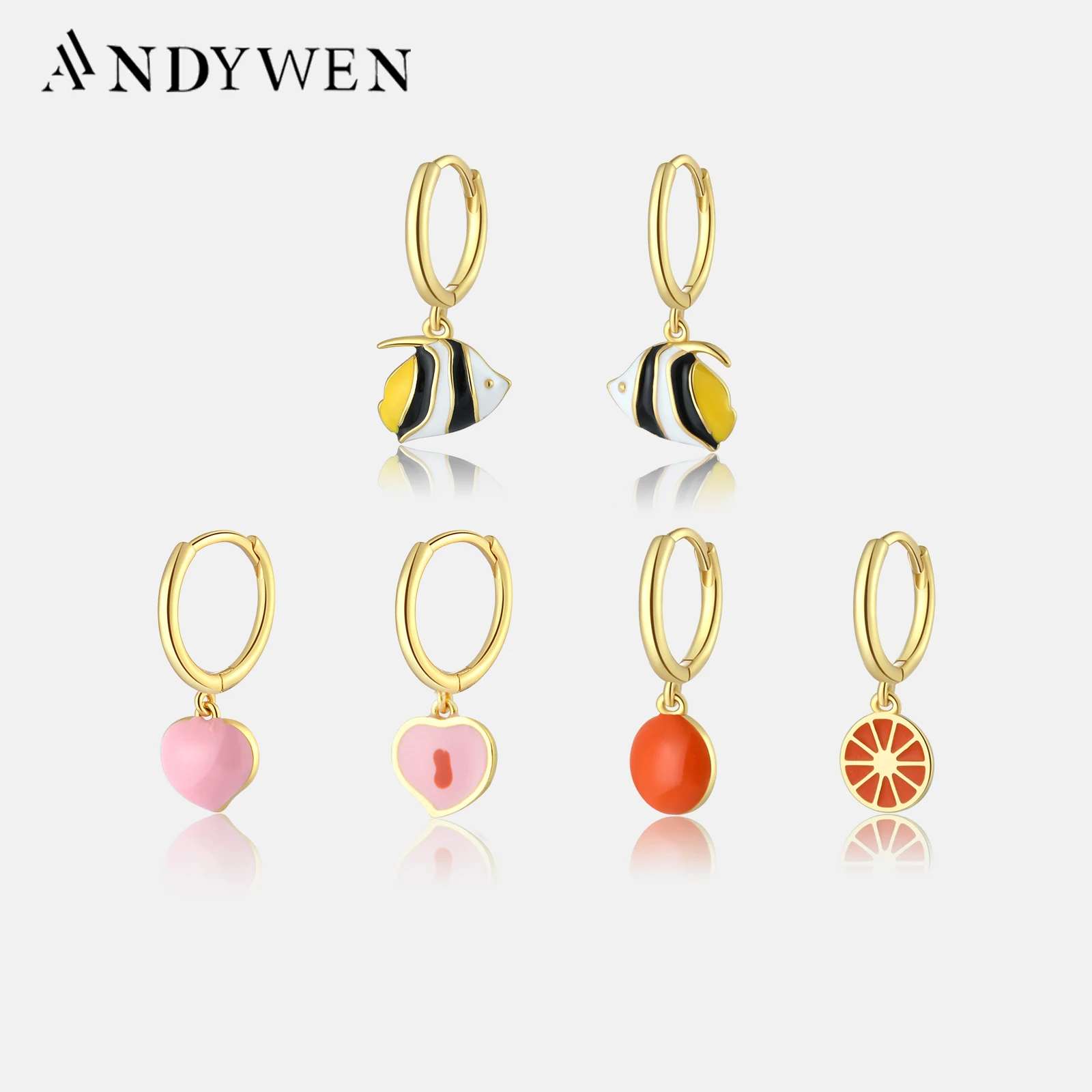 

ANDYWEN 925 Sterling Silver Gold Orange Fish Pear Love Drop Earring Women Luxury Jewelry Fine Jewels Enamel Clips Pendientes