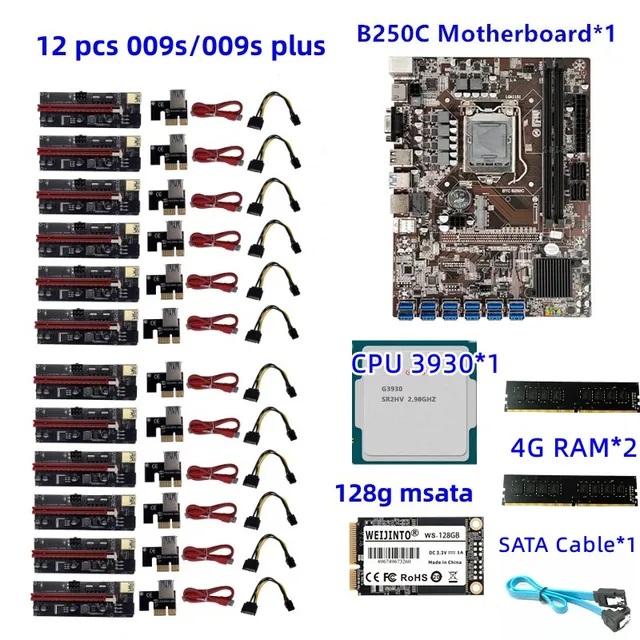 BTC Eth Mining Kit B250 Mining scheda madre 12 USB 3.0 a PCIe x16 pci-e B250c 12P scheda grafica LGA 1151 G3930 4G Ram 128G Msata 1