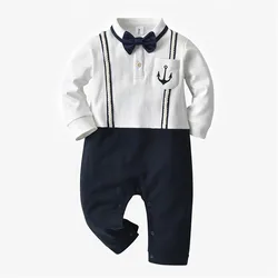 Newborn Baby Boy Girl Romper Spring Fall Long Sleeves Bowtie Style Bebe Clothes Little Gentle Anchor Print Infant Babe Jumpsuits