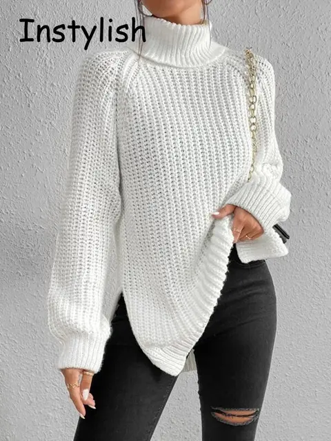 Women Winter Turtleneck Loose Sweater Elegant Drop Sleeve Side Split Pullover Vintage Harajuku Chic Jumpers Oversized knit Tops 1