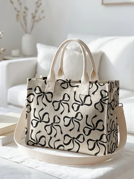Beige Corduroy Tote Bag with Black Bow Print – Large Capacity - Image 4