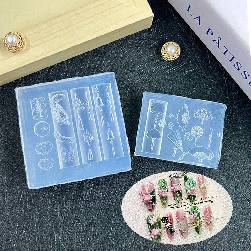 3D Chinese-Style Transparent Silicone Nail Molds Dragon Copper Coins Bells Chinese Knots Fan Manicure Design Templates