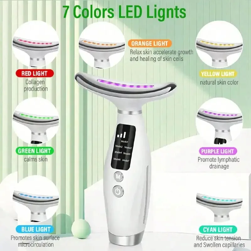 Appareil de beauté pour le cou avec mode d'éclairage coloré pour le visage et 7 vitesses de réglage, doté d'une poignée ergonomique._voghion.com