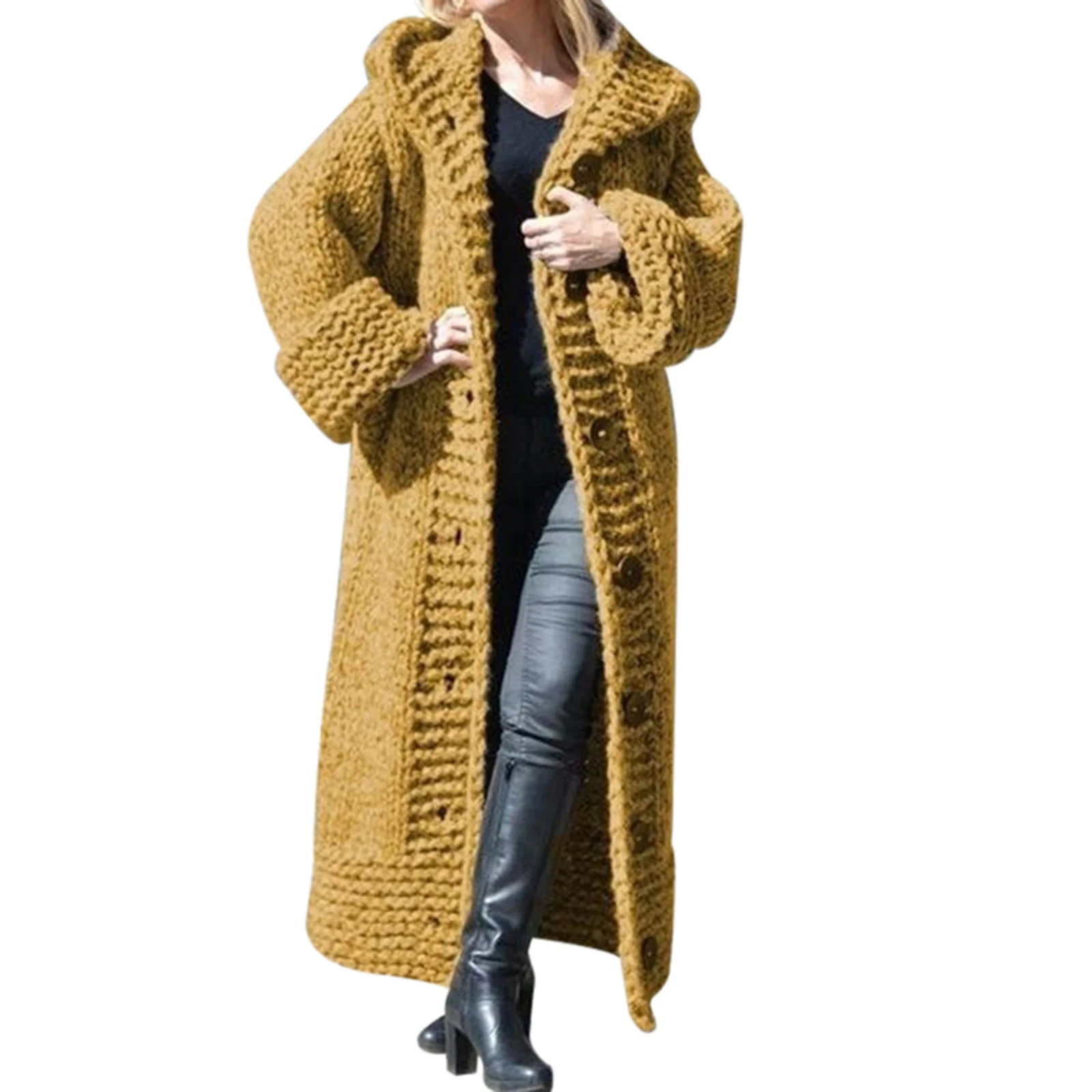 

Winter Coat Ladies Casual Cotton Blend Hooded Coat Thick Knitted Long Cardigan