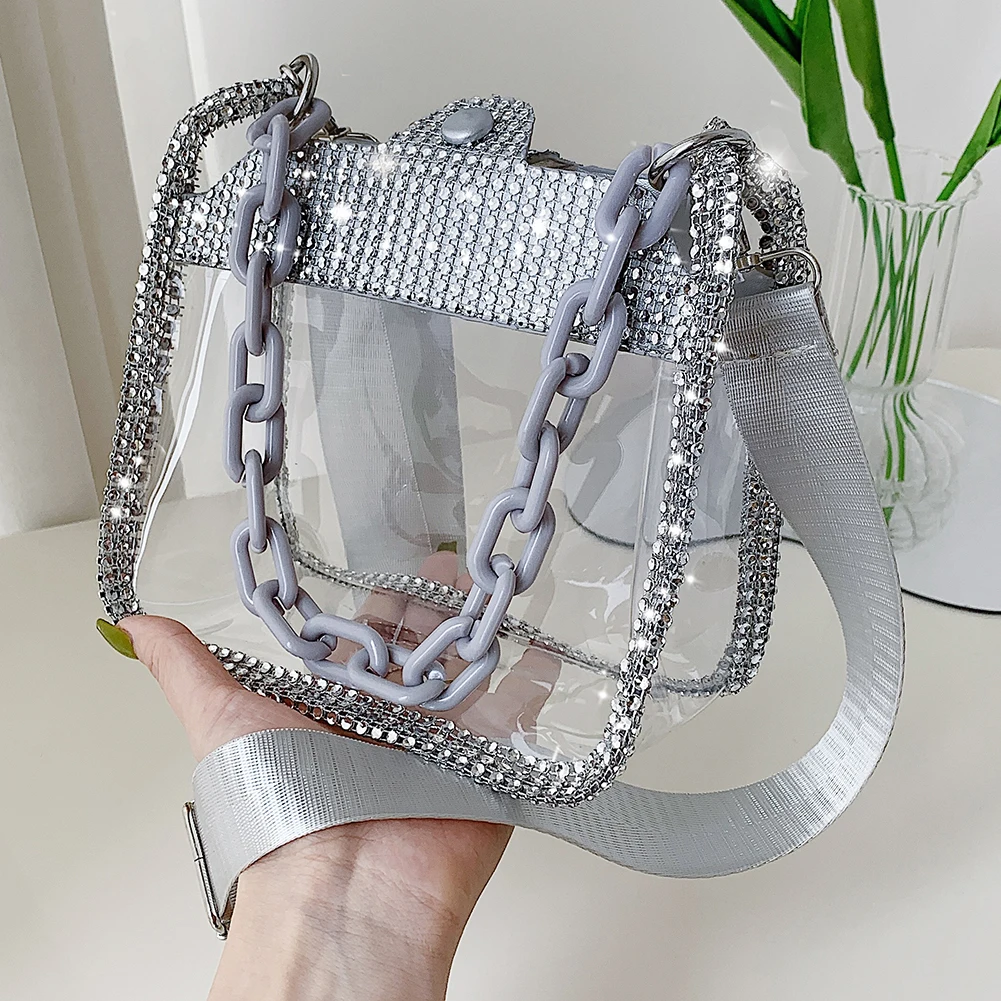Women's Bag Rhinestone PVC Transparent Handbags INS Fashion Women's Bag Rhinestone PVC Transparent Handbags INS Fashion