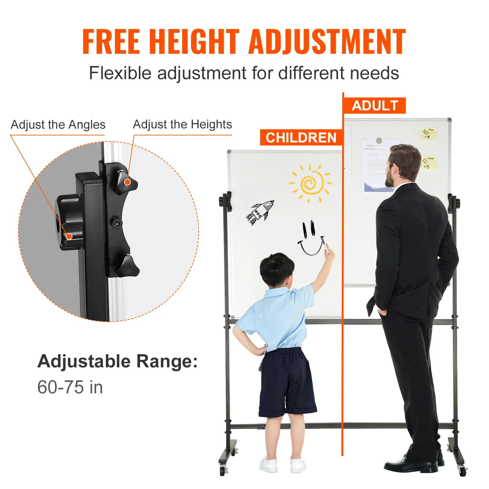 VEVOR Rolling Whiteboard 48x32 inch Double-Sided Magnetic Mobile Whiteboard 360&deg; Reversible Adjustable Height Dry Erase Board