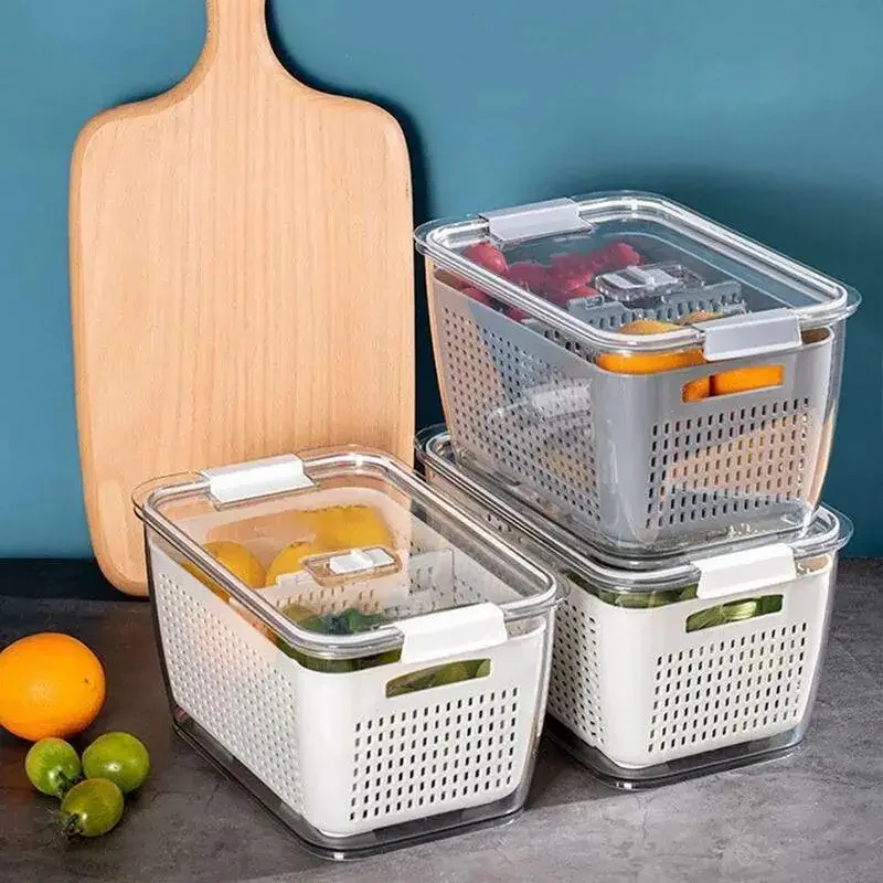 Refrigerator Crisper Drain Basket Kitchen Vegetable Washing Basket Filtered Water Double Layer Drain
