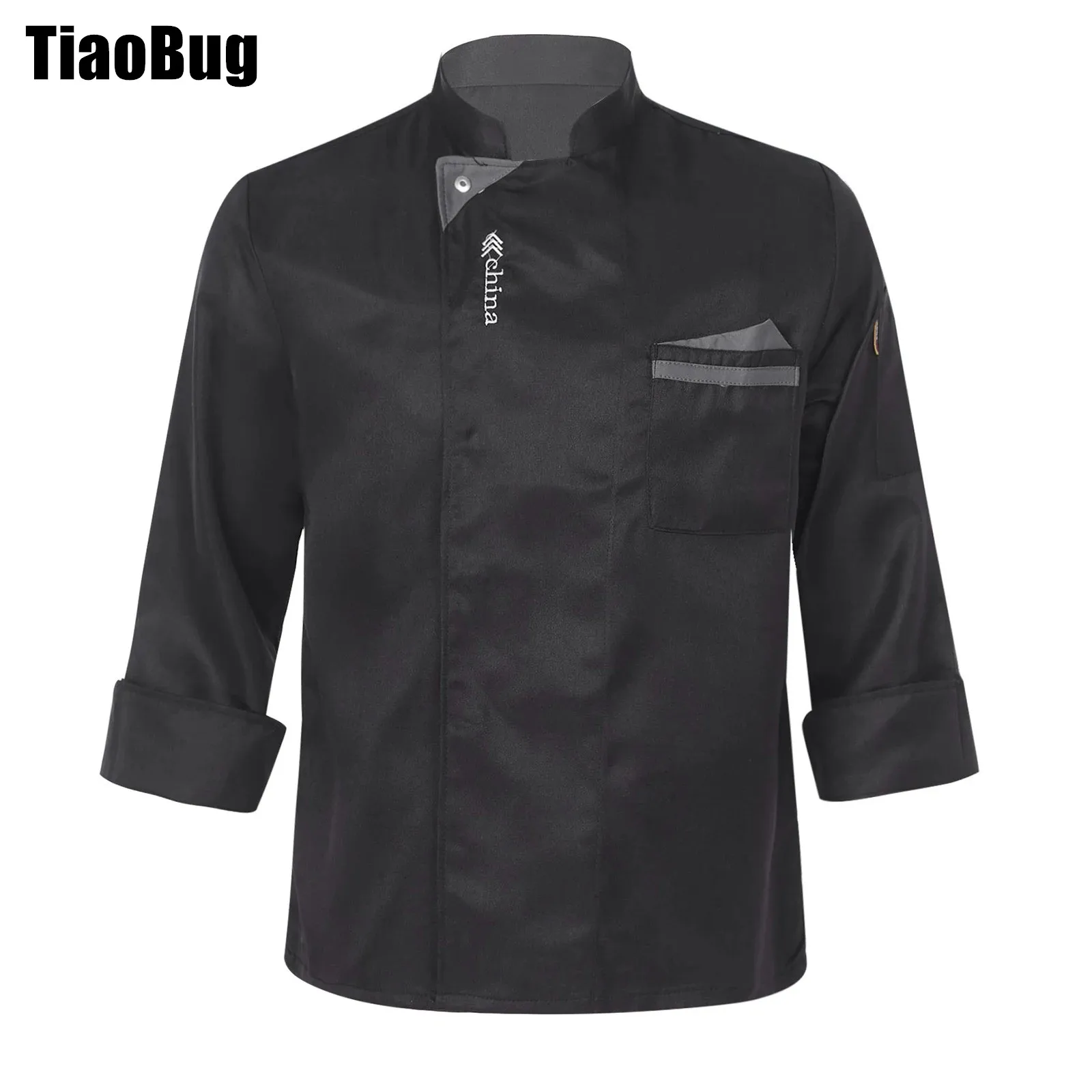 Mens Womens Letter Embroidery Chef Jacket Unisex Stand Collar Tops Kitchen Work Clothes Cook Uniform with Pockets