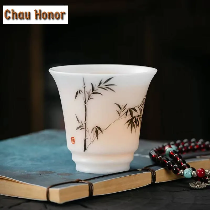 110ml Ice Mutton Fat Jade Porcelain Teacup Hand-painted Bamboo Plain Master Cup Tea Pair Snifter Cup Jianzhan Teaware Gift Box