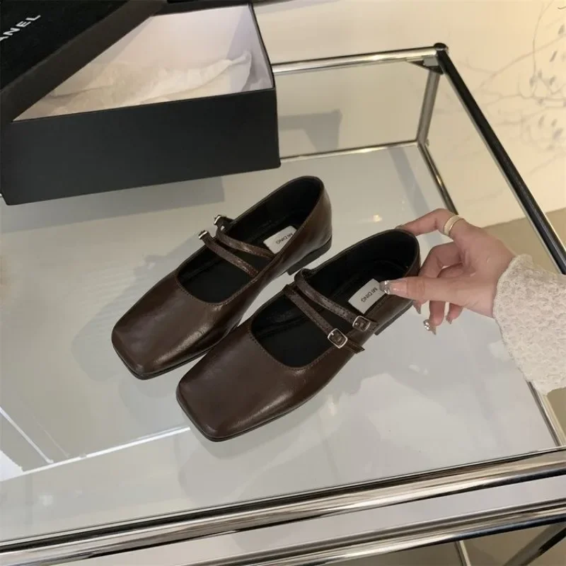 디자이너 용수철 메리 제인 슈즈, 스퀘어 토, 편안한 여성 발레리나 슈즈, 부드러운 밑창 플랫, 패션 