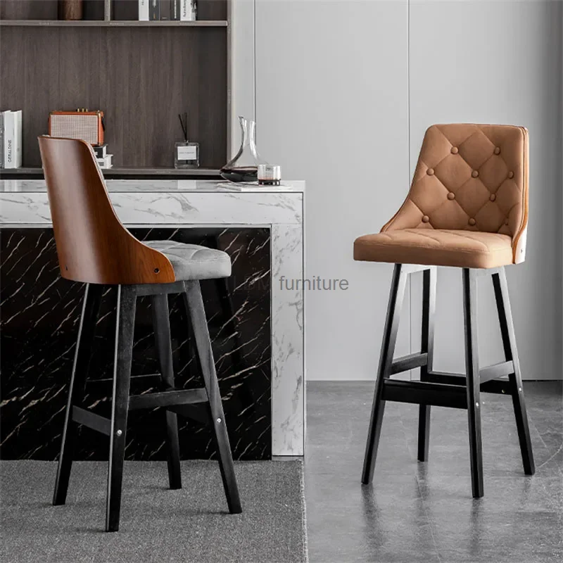 

American Retro Backrest Bar Chair Kitchen Furniture Modern Solid Wood Bar Stools Light Luxury Leisure High Feet Counter Stool