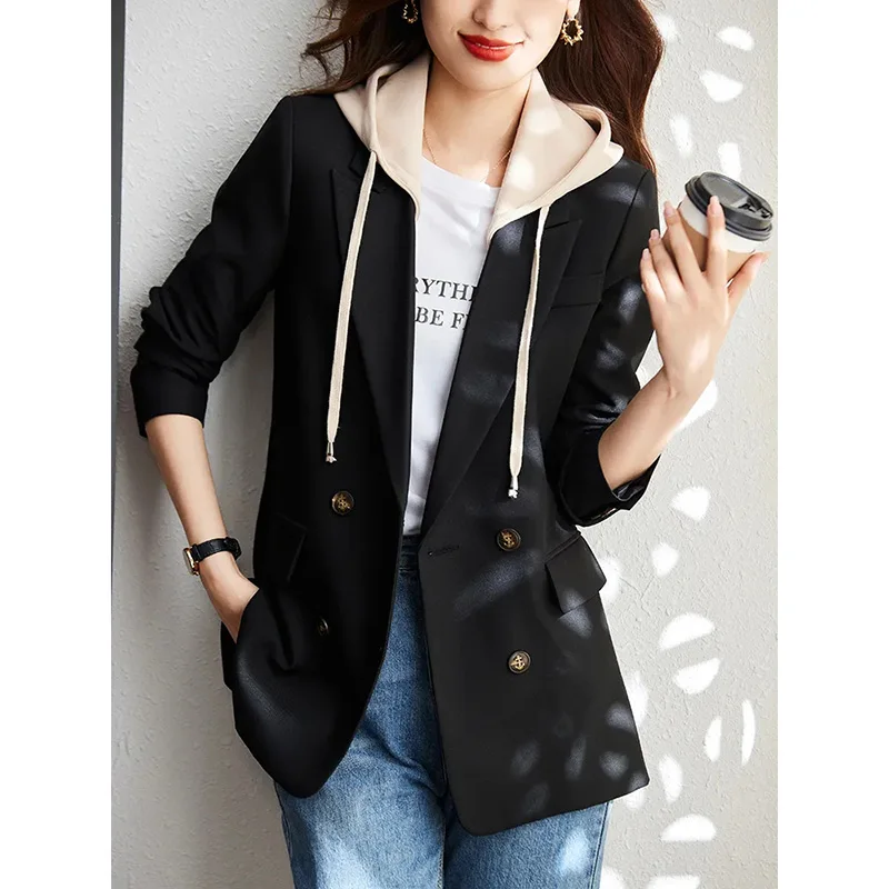 Women Chic Office Lady Single breasted Hooded Blazer Vintage Coat Fashion Notched Collar Long Sleeve Ladies Outerwear Stylish To