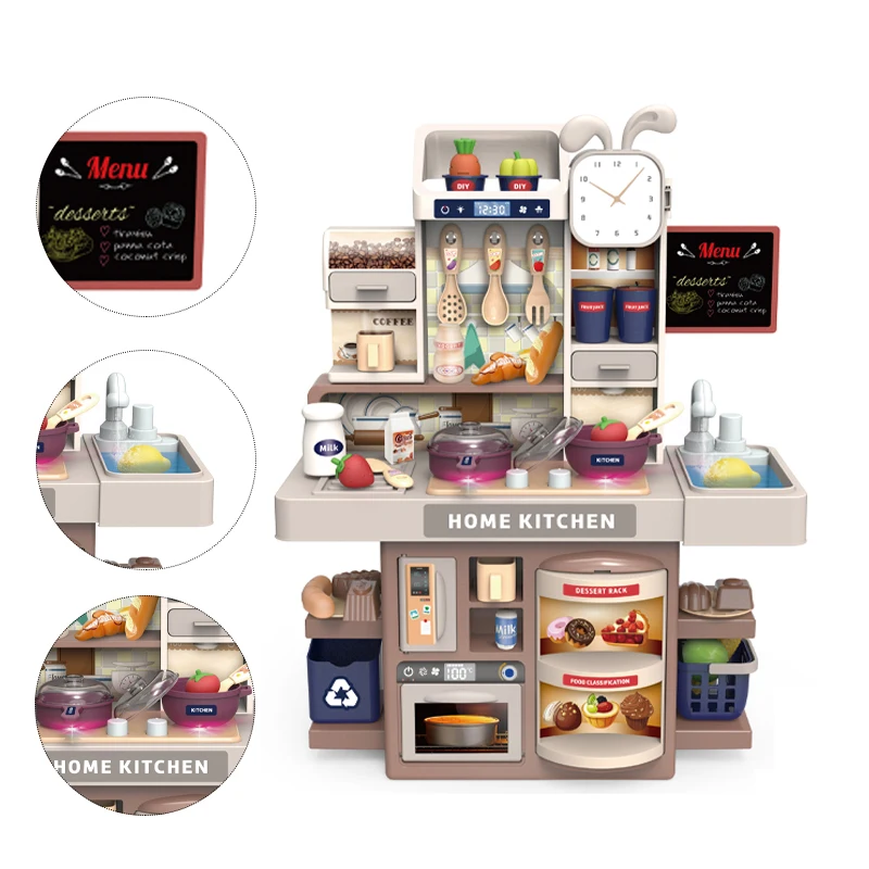 QS Customized Pretend Play House Toy 46CM Big Electric Child Girls Realistic Cooking Food Game Spray Lights Kitchen Machine Toys
