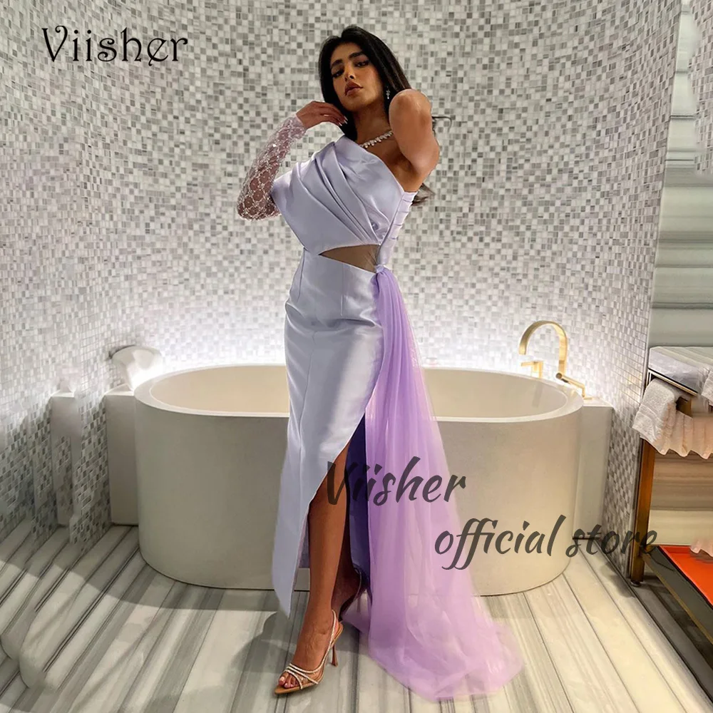 

Viisher One Shoulder Mermaid Evening Dresses Sequins Sleeve Pleats Satin Long Formal Prom Dress with Slit Celebrate Party Gowns