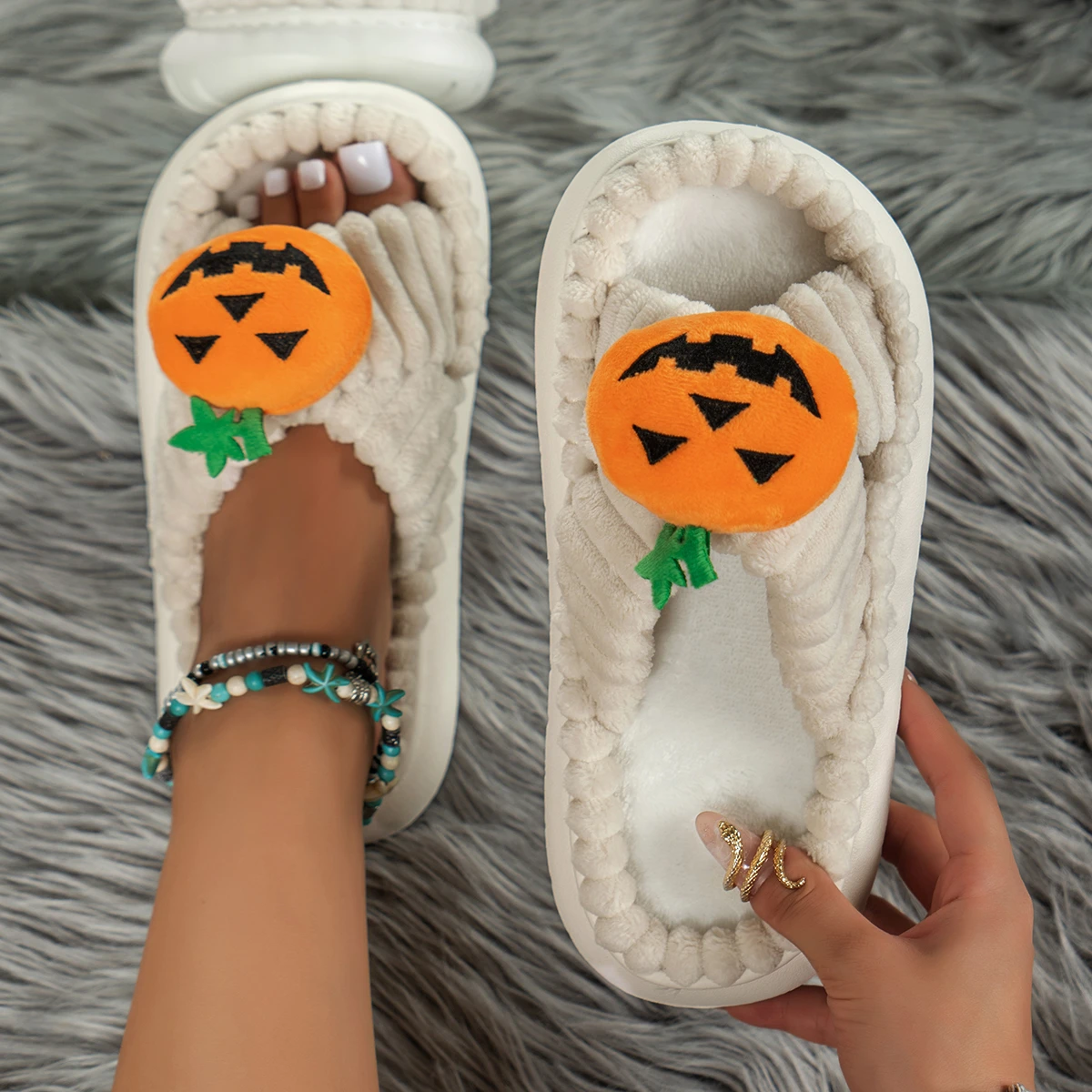 Women's slippers Suede cross Fall/Winter Limited Halloween pumpkin head comfortable flat plus-size slippers
