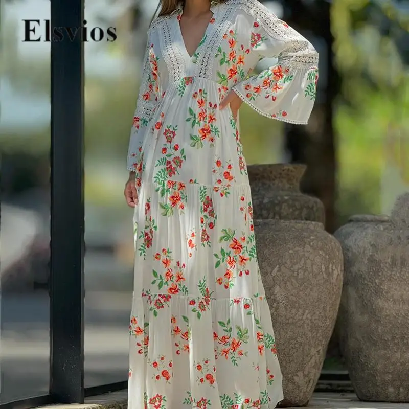 

Vintage Floral Print Loose Boho Beach Dres Sexy Women Hollow Embroidery Pleat Party Dress Fashion Casual Flare Sleeve Long Dress