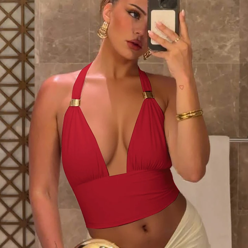 Y2K Spring and Summer New Fashion Women's Deep V Camisole Sexy Open Back Halterneck Lace-up Metal Buckle Bandeau Solid Color Top