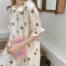 

Kawaii Bear Print Summer Nightgown Women Short Sleeve Cute Long Sleepwear Cotton Ruffles Buttons Loose Oversized Homewear