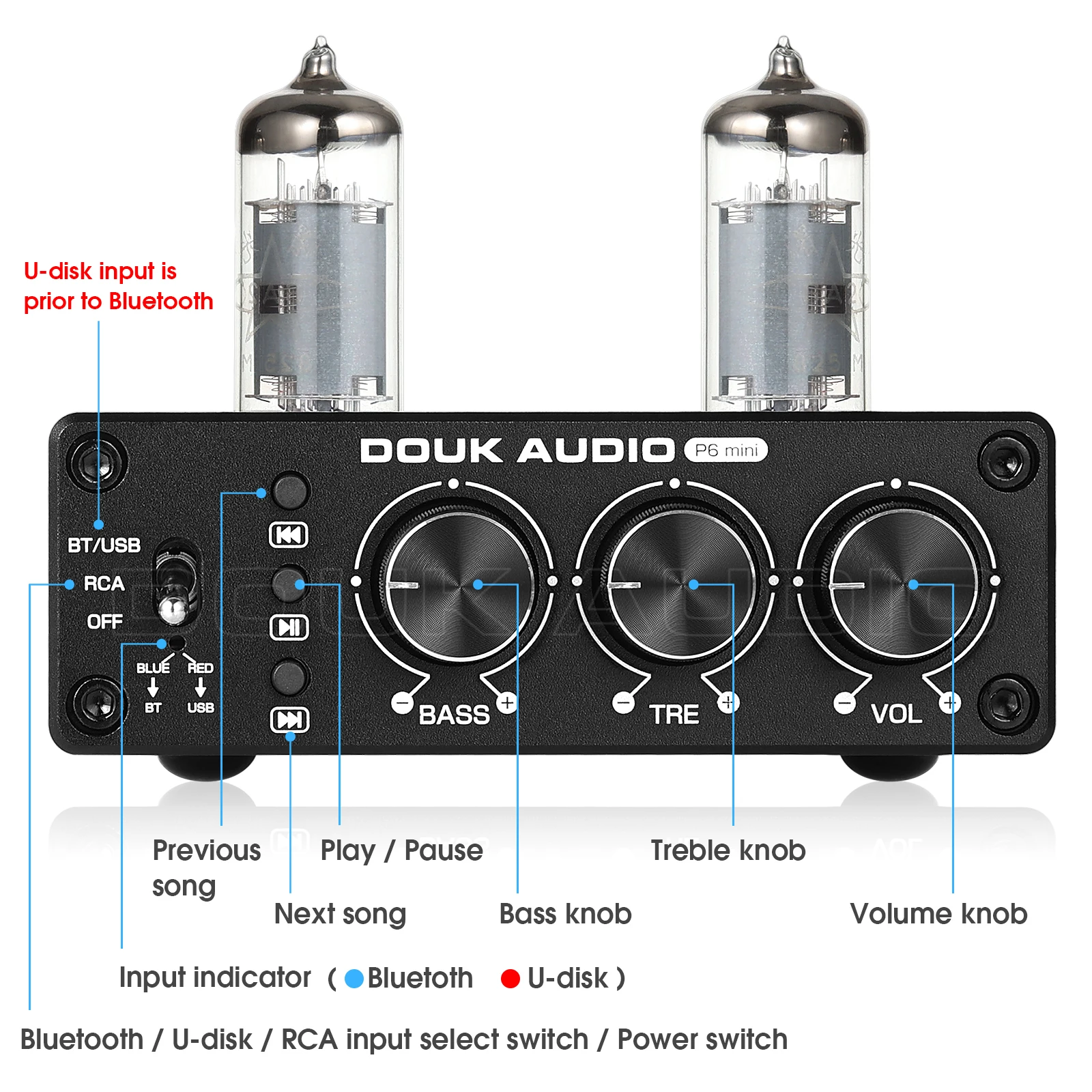 douk áudio de alta fidelidade bluetooth tubo de válvula receptor estéreo preamp jogador usb de mesa em casa com controle de graves agudos
